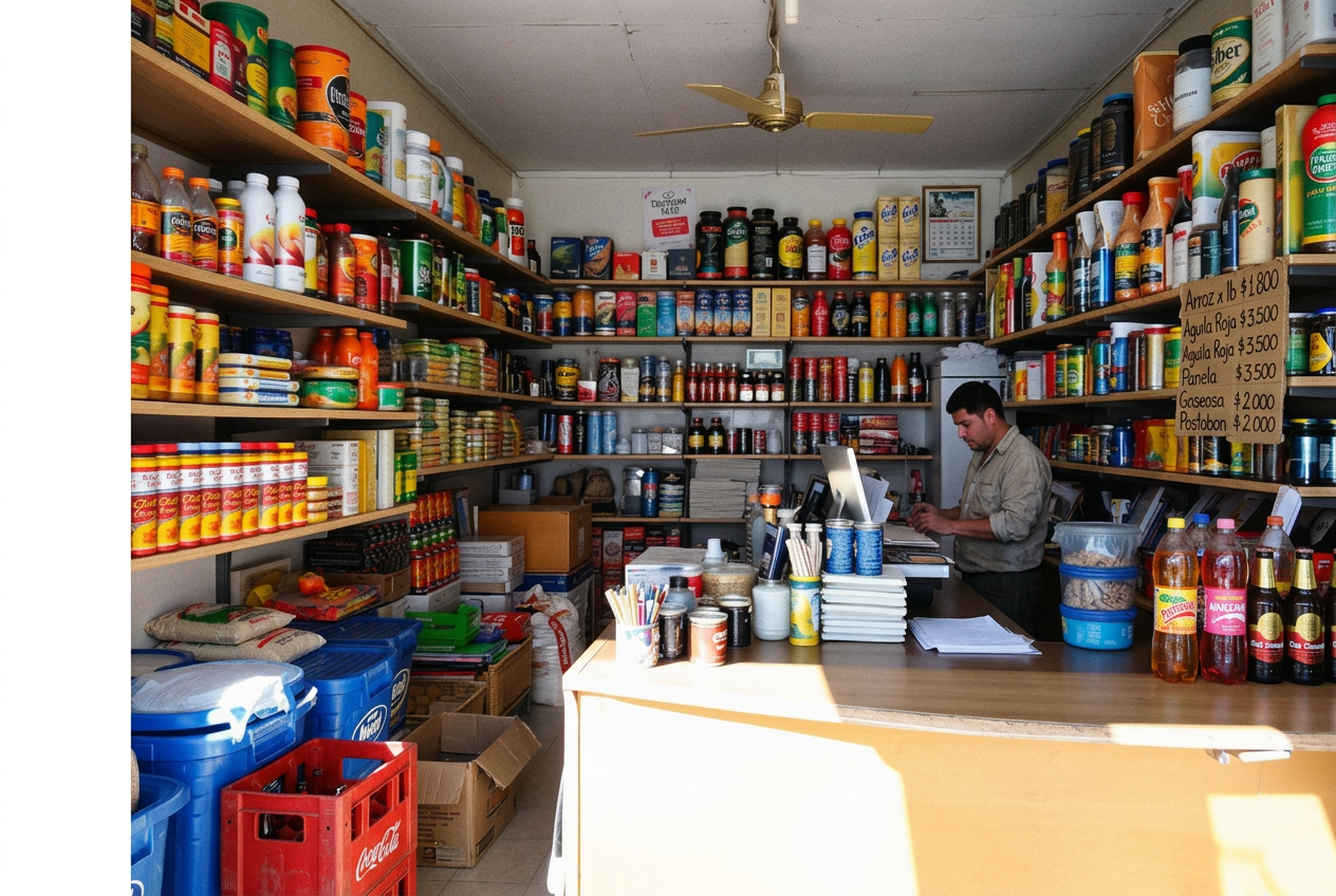 Tendero atendiendo en una tienda de barrio real en Colombia